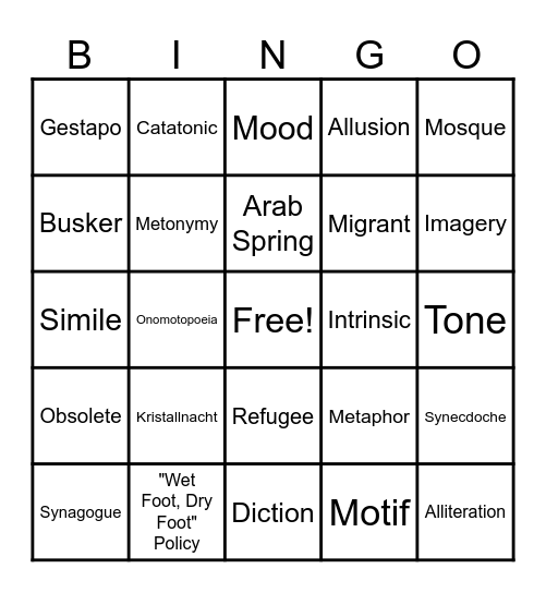 Refugee Vocabulary Bingo Card