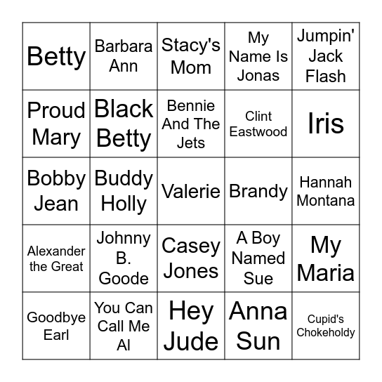 Songs With Names In The Title Bingo Card