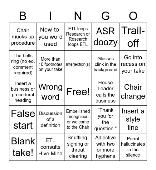 Hansard Bingo Card