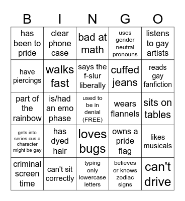 queer stereotype bingo Card