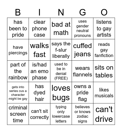 queer stereotype bingo Card