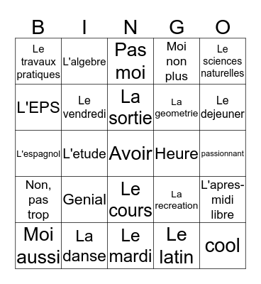 Vive L'ecole! Bingo Card