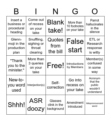 Hansard Bingo Card