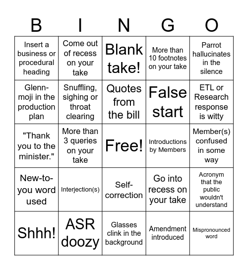 Hansard Bingo Card
