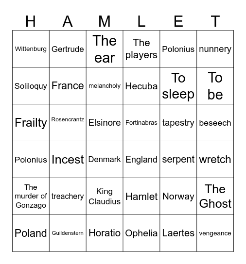 Hamlet Bingo Card