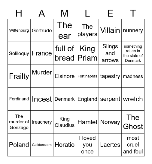Hamlet Bingo Card