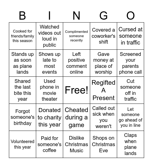 Naughty or Nice Bingo Card
