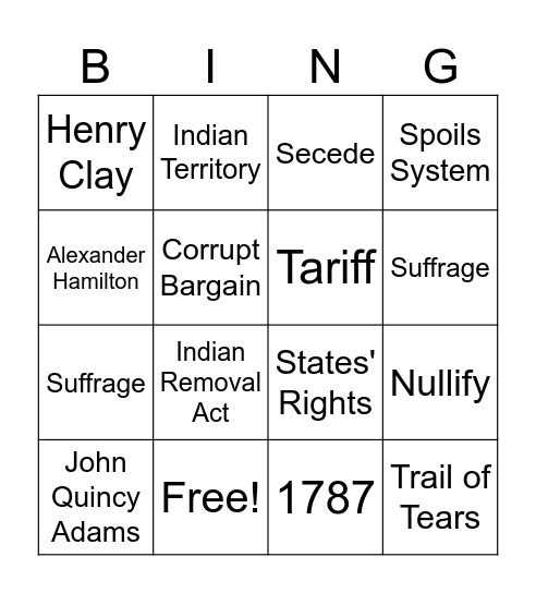 Andrew Jackson Bingo Card
