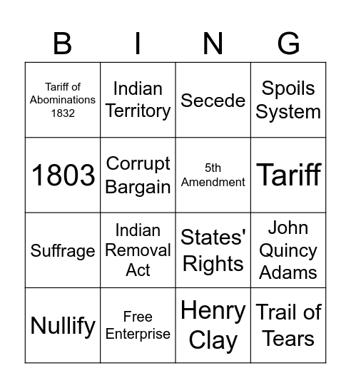 Andrew Jackson Bingo Card
