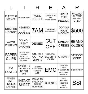 LIHEAP Bingo Card