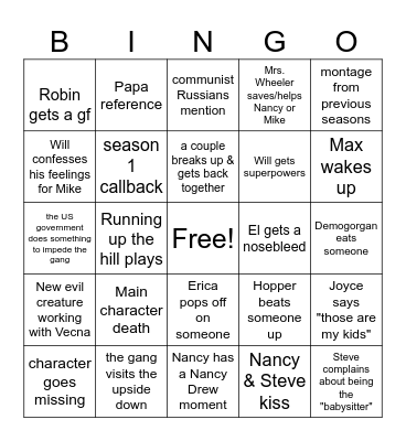 STRANGER THINGS Bingo Card