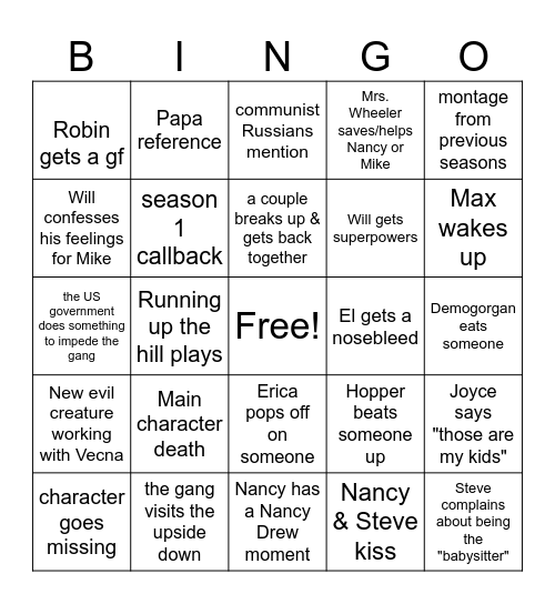 STRANGER THINGS Bingo Card