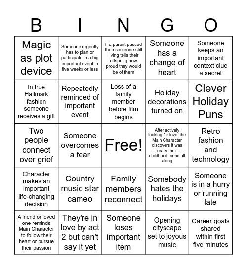 Hallmark Movie Bingo Card
