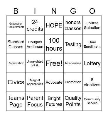High School Bingo Card