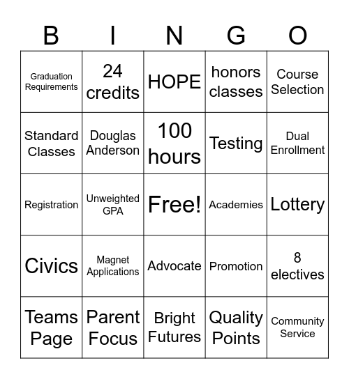 High School Bingo Card