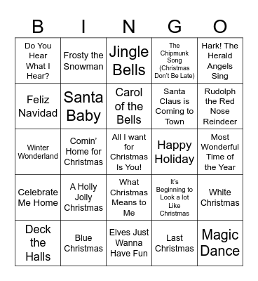 Holiday Song Bingo Card