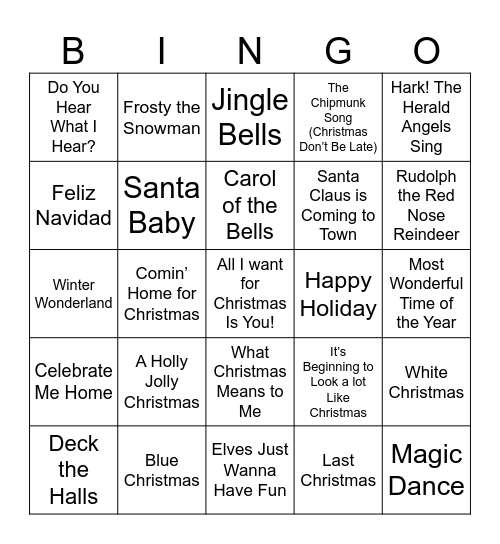 Holiday Song Bingo Card
