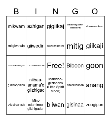 Ojibwe Winter 2 Bingo Card