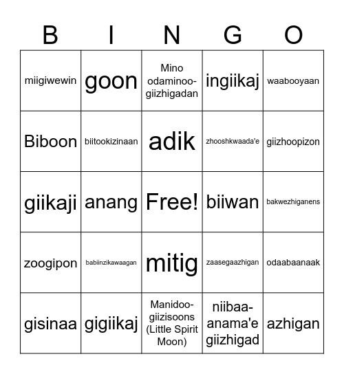 Ojibwe Winter 3 Bingo Card