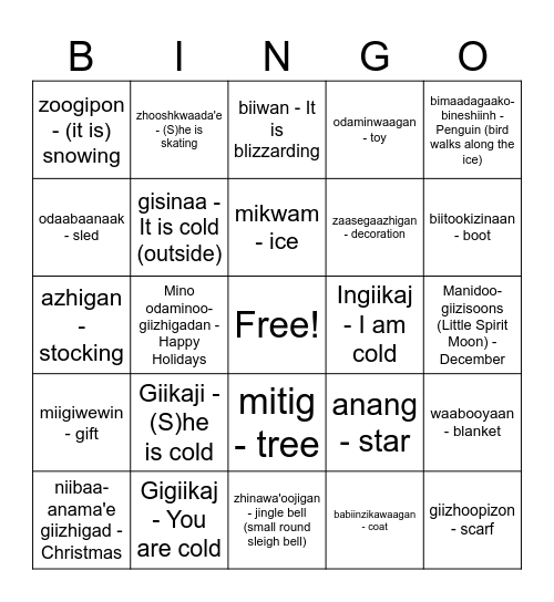 Ojibwe English Winter Bingo Card