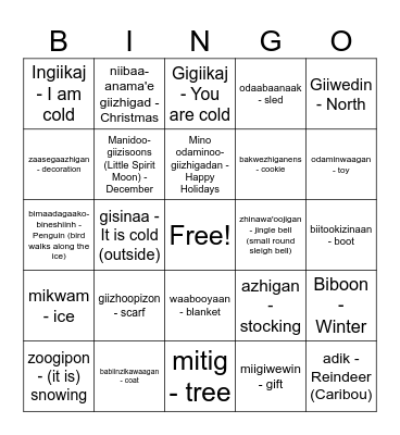 Ojibwe English Winter 2 Bingo Card