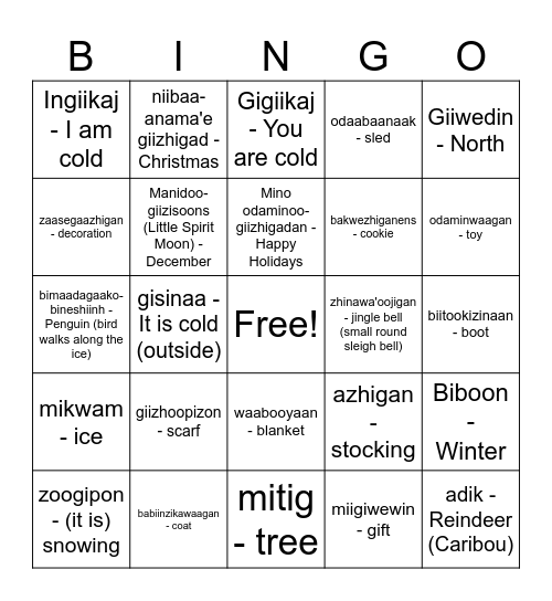 Ojibwe English Winter 2 Bingo Card