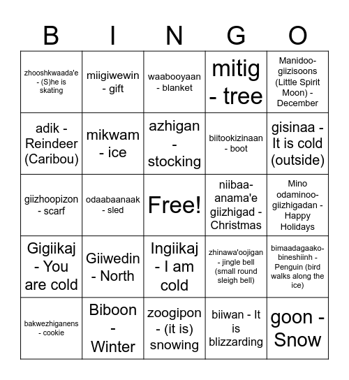 Ojibwe English Winter 3 Bingo Card