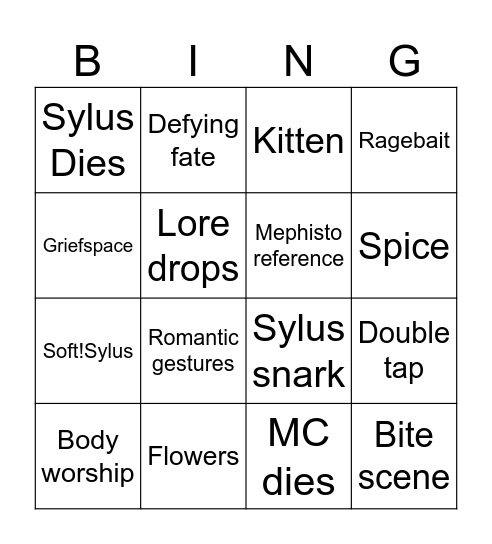 Sylus Third Myth Bingo Card