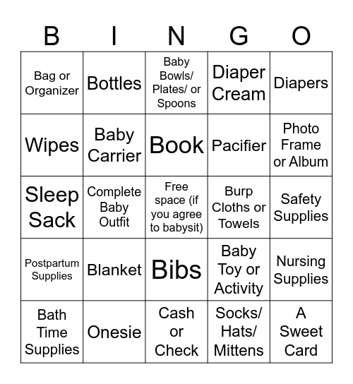 Baby Shower Bingo Card