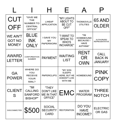 LIHEAP Bingo Card