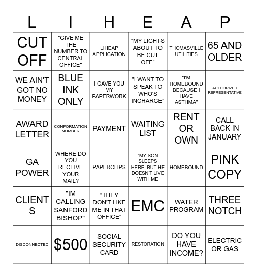 LIHEAP Bingo Card