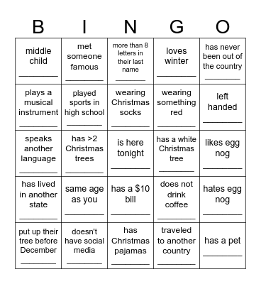 Jingle and Mingle BINGO Card