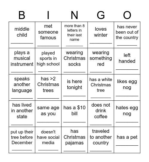 Jingle and Mingle BINGO Card