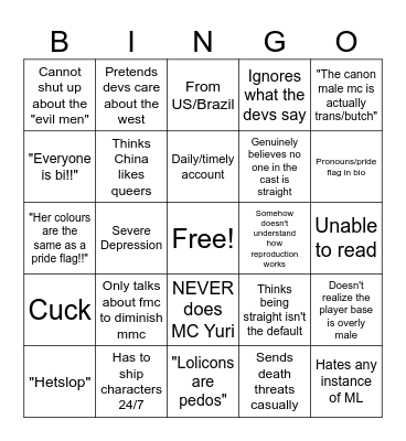 Twitter Yuritard/lesbian Bingo Card