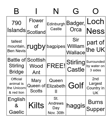 Scotland Bingo Card