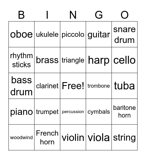 Music Instrument Bingo Card