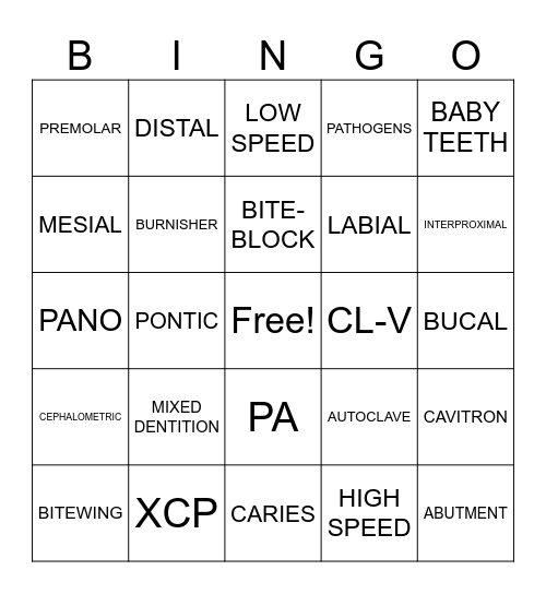 GENERAL DENTAL BINGO Card