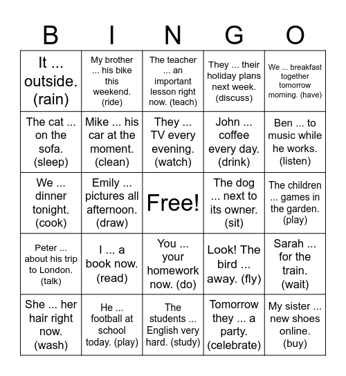 Present continious Bingo Card
