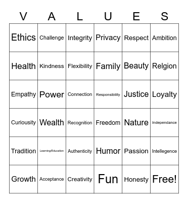 Values Bingo Card