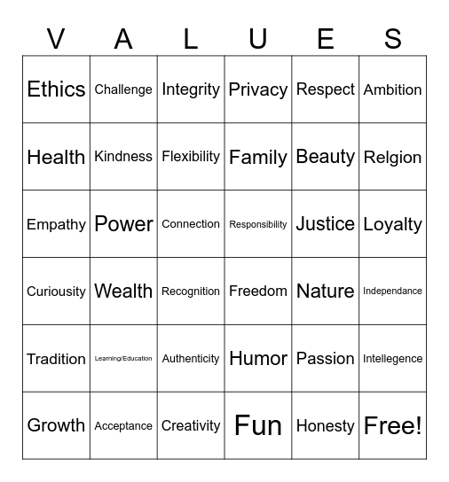 Values Bingo Card
