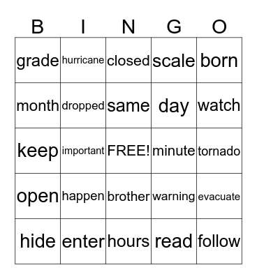 Week 33 - 36 Vocabulary Words Bingo Card