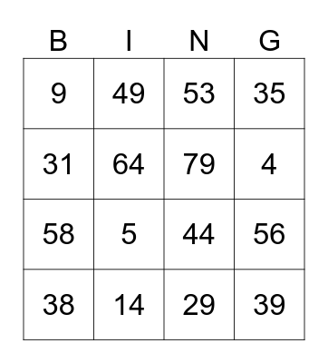 NUMBER BINGO Card