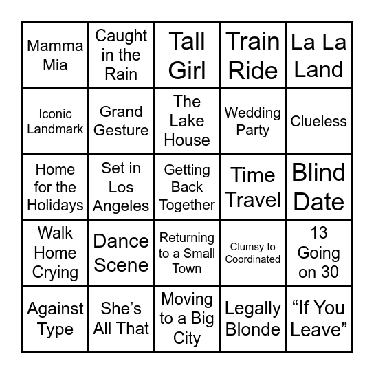 Romantic Comedy Bingo Card