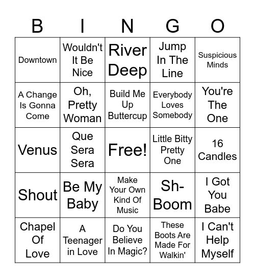 50s/60s Oldies Bingo Card