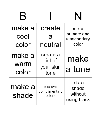 Color Mixing Bingo Card