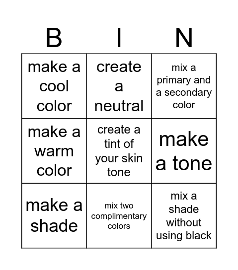 Color Mixing Bingo Card