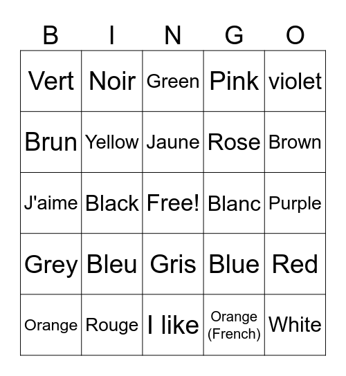 Les couleurs Bingo Card