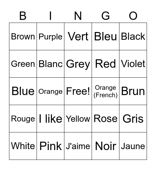 Les Couleurs Bingo Card