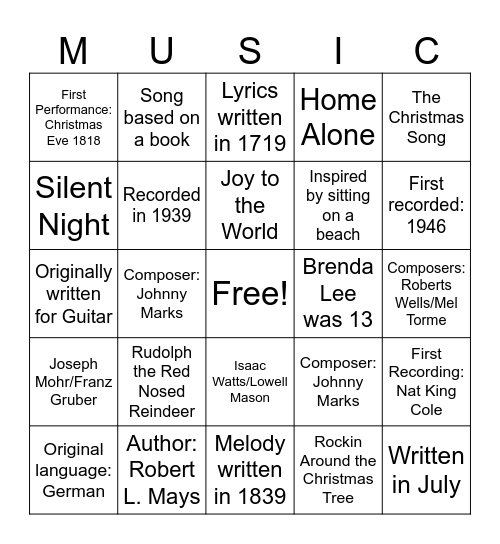 Christmas Music Bingo Card