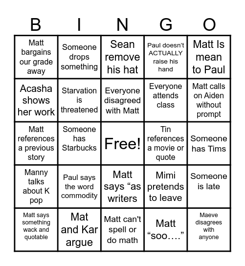 Creative Writing Bingo Card